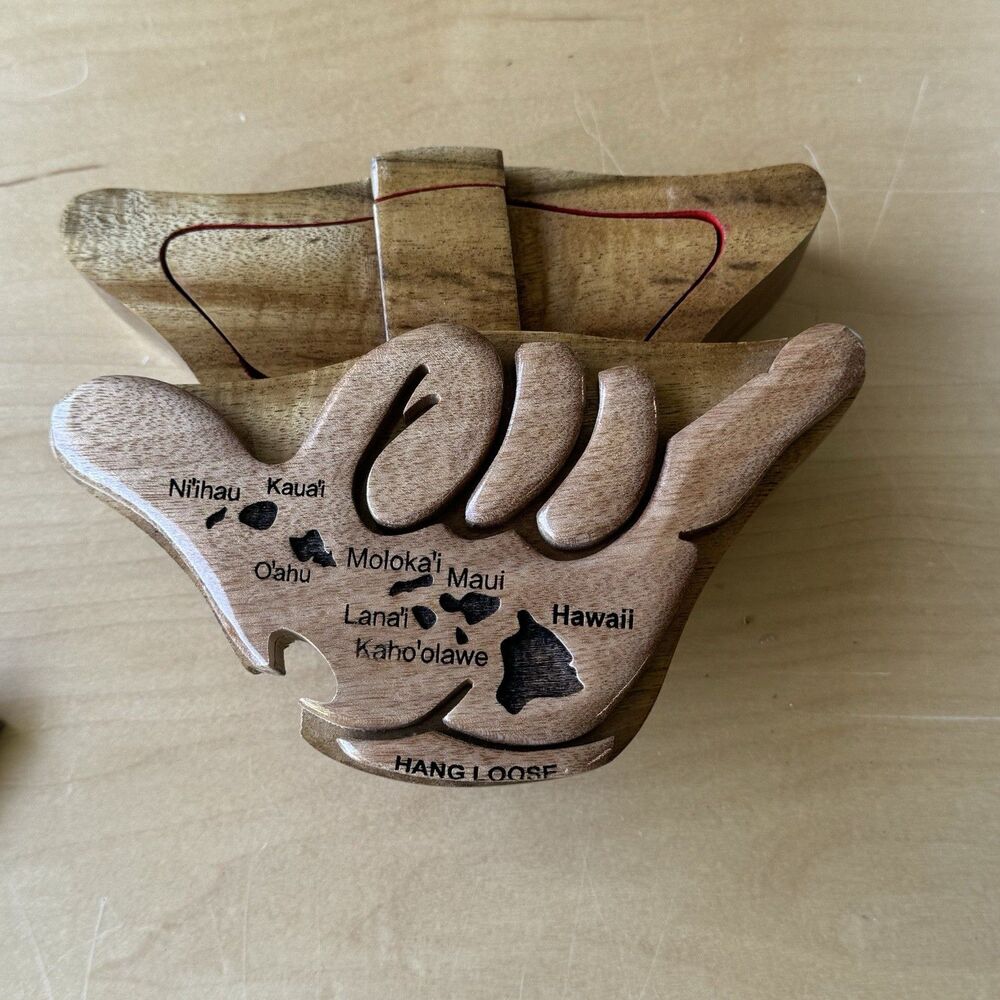 VTG Carved Wood Hawaii Hang Loose Hand Puzzle Box W Carved Islands Trinket Box - Picture 10 of 15